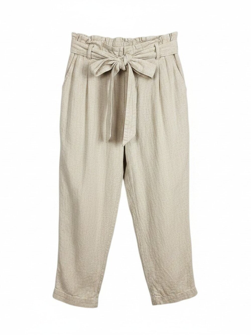 LOFT Belted Cropped Linen Blend Gathered Elastic Waist Trouser Pants Beige LP